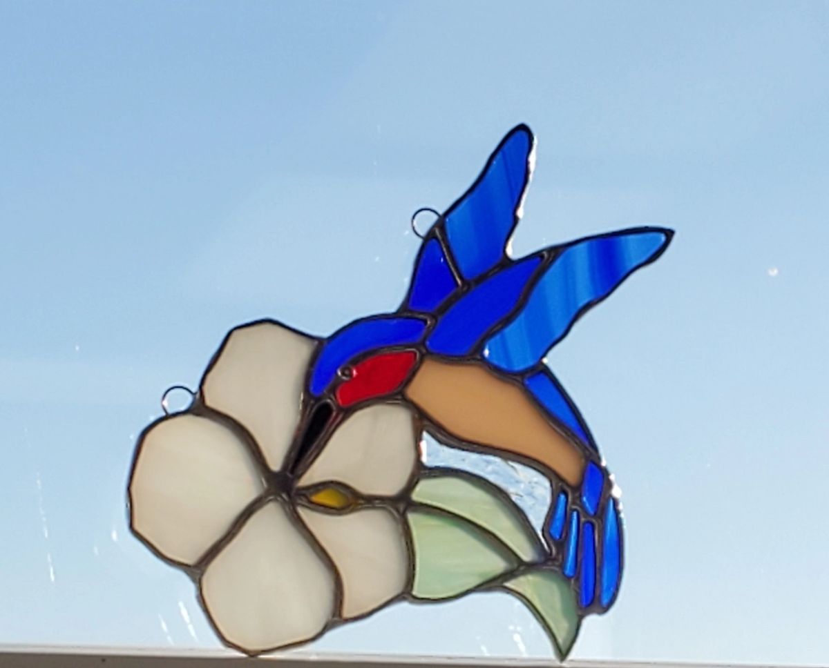 Hummingbird with flower stained glass suncatcher